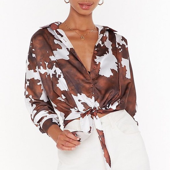Nwt Nasty Gal Cow Print Satin Tie Front 
